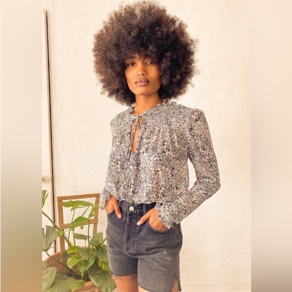 Free People Lela Blouse XS Floral Smocked Semi Sheer Cottagecore Boho Prairie - Picture 16 of 16